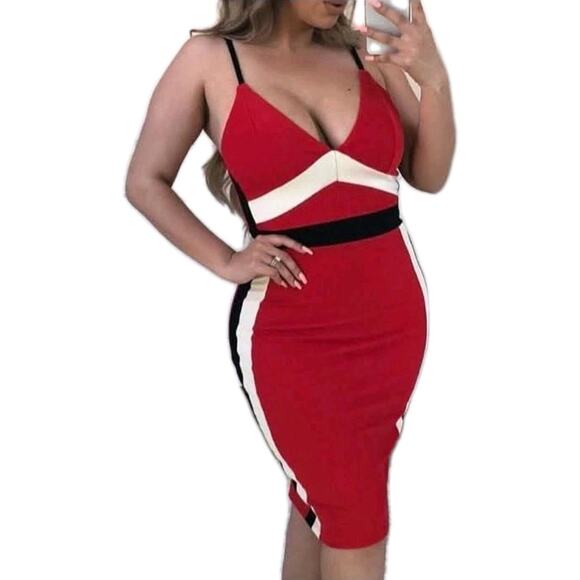 Modernist Mini Crepe V Neck Tank Dress Red Black White Curve Hugging Size M - Picture 1 of 8